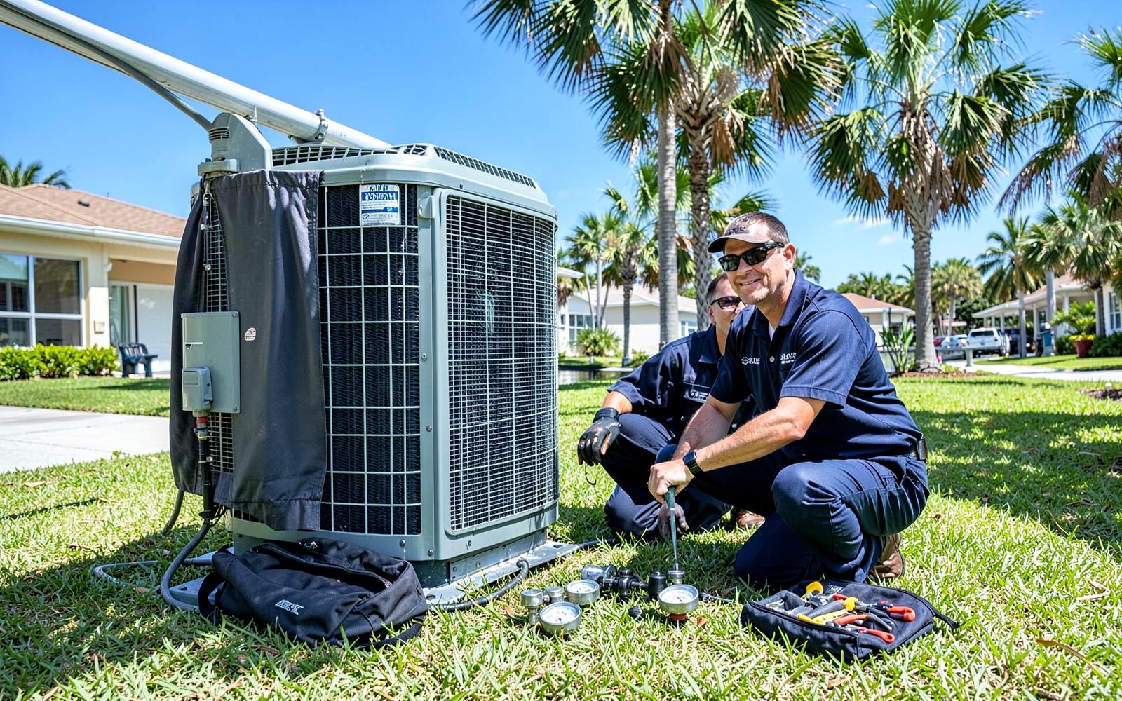 Two air conditioning technicians in navy uniforms servicing an outdoor AC condenser unit at a Port St. Lucie, Florida home