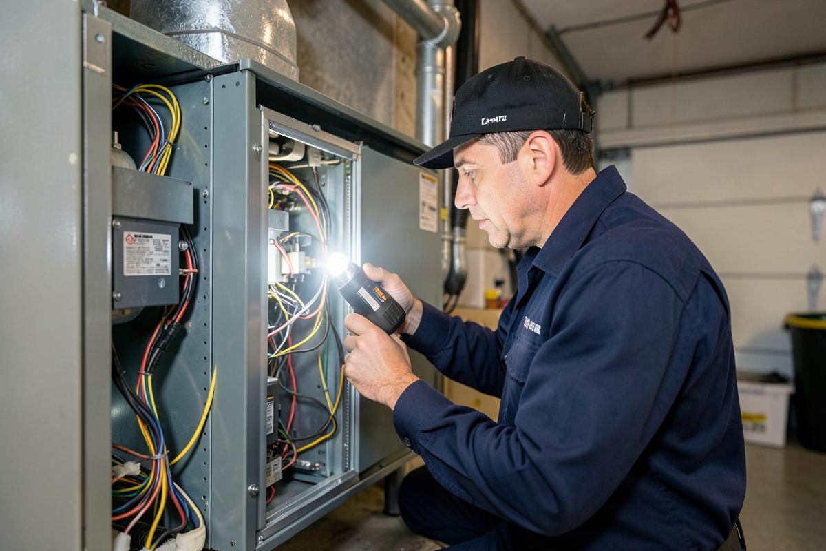 HVAC technician inspecting the wiring inside an indoor air handler at a Port St. Lucie home